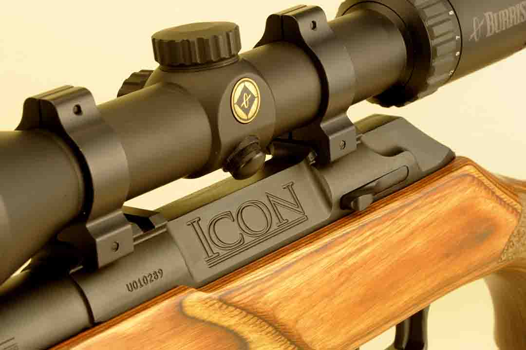 This rifle can’t be mistaken for anything else with the Thompson Center ICON name emblazoned on its flank. Modern in every way, the receiver is machined from a solid blank of steel to rigid standards. Scope rings are attached to the rifle on machined Picatinny mounts, while the bolt release is under the rear receiver bridge.